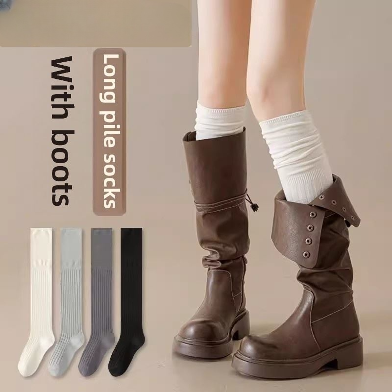 长筒靴袜子女搭配靴子小腿堆堆过膝袜纯棉秋冬内搭白色大腿长筒袜