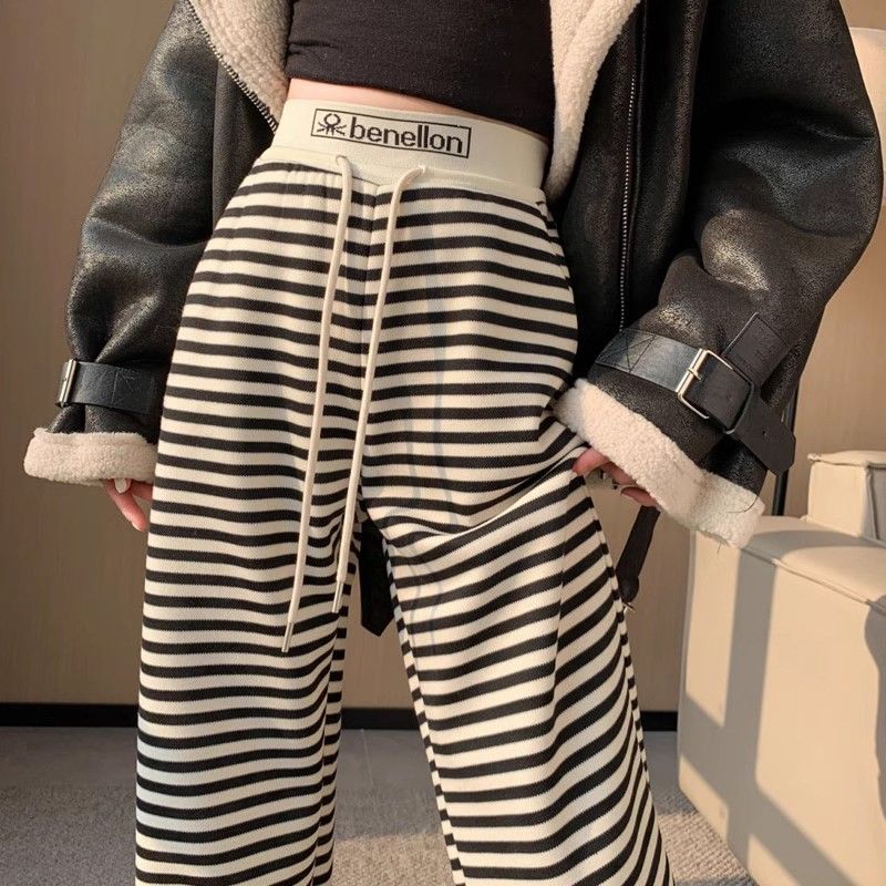 黑白条纹休闲春秋季阔腿裤女新款高腰宽松直筒显瘦慵懒风拖地长裤