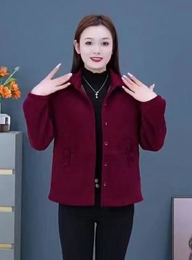 小个子中老年女装条绒纽扣秋装短外套40-50岁妈妈秋冬加绒厚上衣