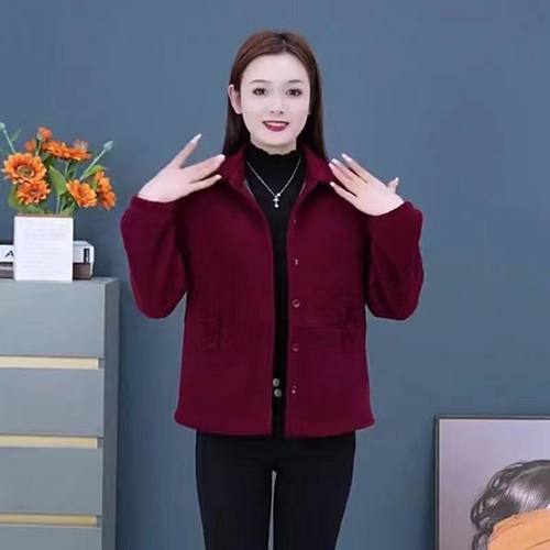 小个子中老年女装条绒纽扣秋装短外套40-50岁妈妈秋冬加绒厚上衣