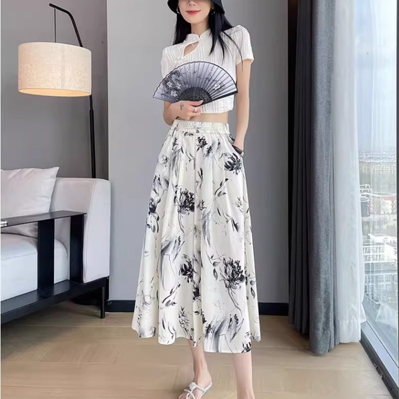 裙裤女夏季新款高腰显瘦宽松半身裤裙国风水墨冰丝八分阔腿裤女士