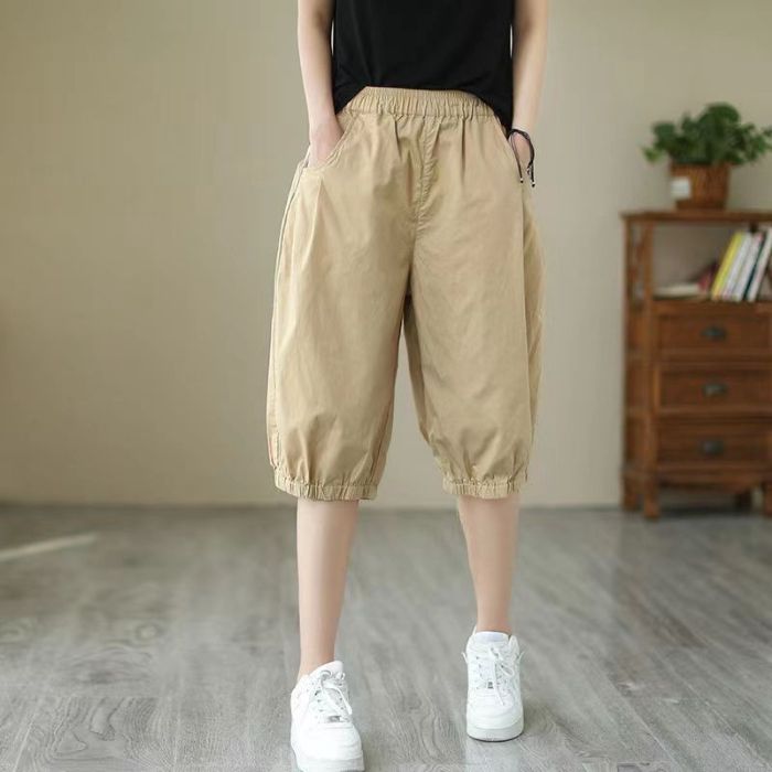 夏季薄款休闲短裤女宽松大码纯棉五分裤高腰显瘦哈伦裤妈妈装中裤