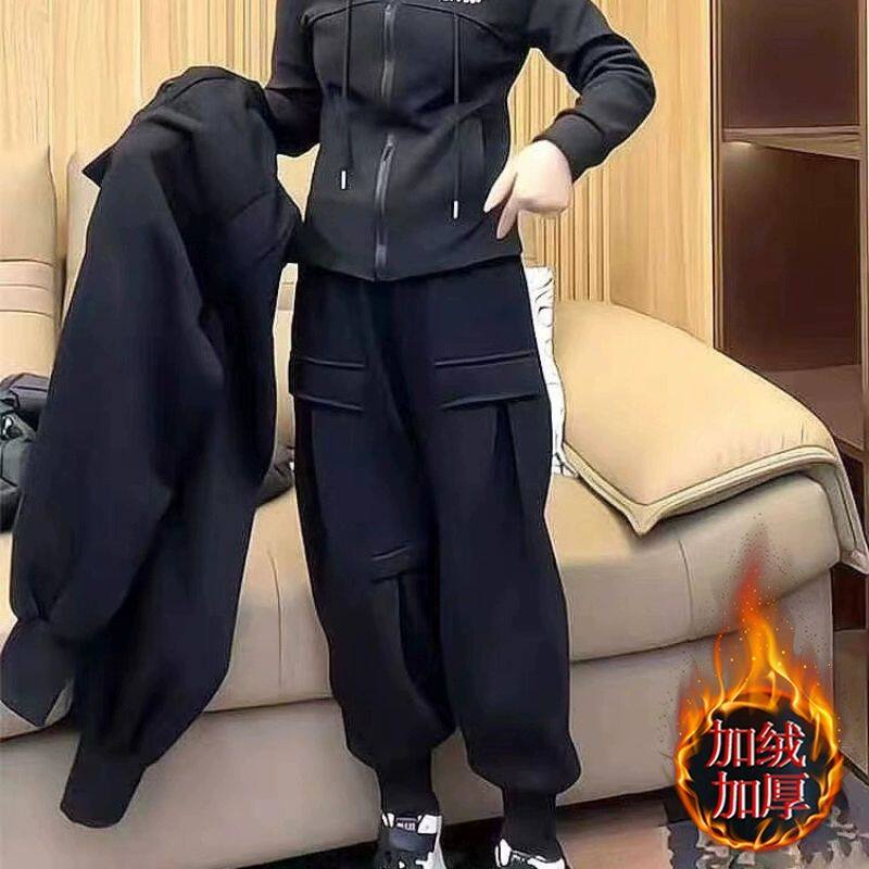 黑色加绒工装束脚裤女2026秋冬爆款宽松大码哈伦裤加厚休闲运动裤