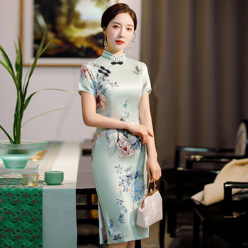 优雅中国风短袖改良版高端年轻款旗袍女新款复古修身中长款连衣裙
