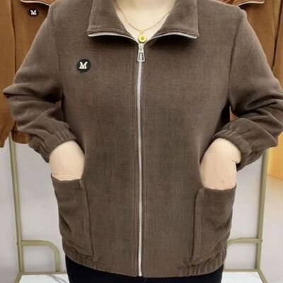 妈妈装灯芯绒拉链外套春秋新款大码中老年女宽松休闲夹克长袖上衣