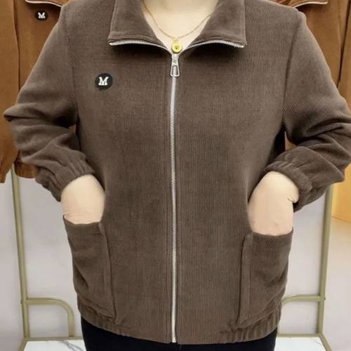 妈妈装灯芯绒拉链外套春秋新款大码中老年女宽松休闲夹克长袖上衣