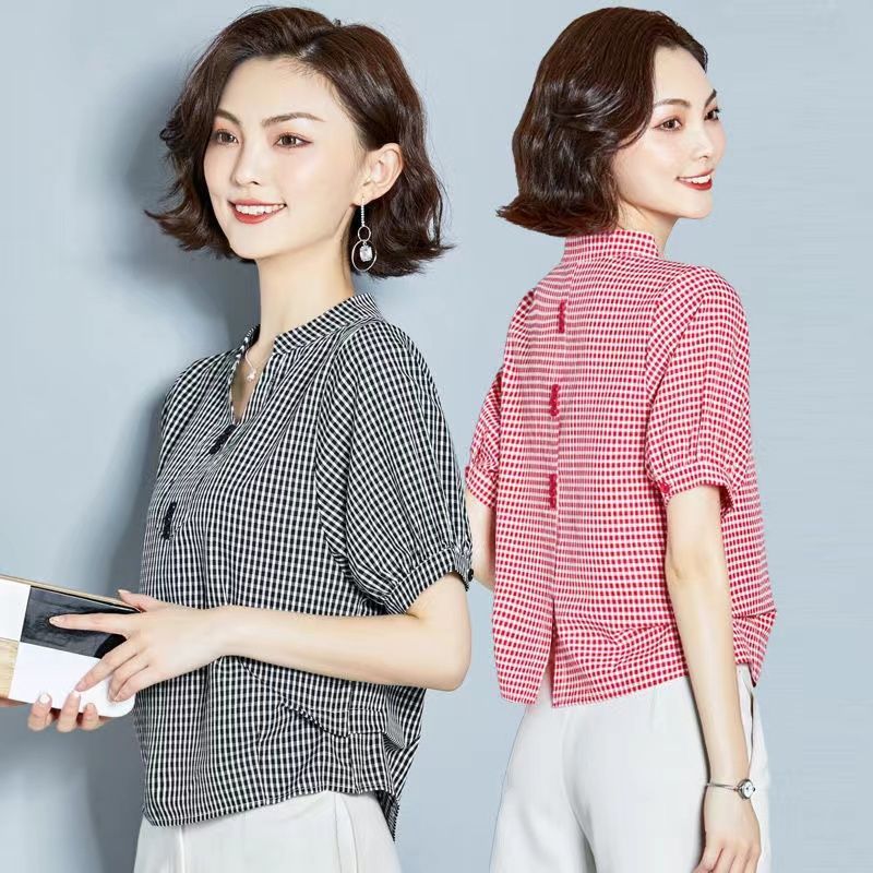短袖格子雪纺衬衫女2026新款小众设计感V领夏季遮肚上衣洋气小衫