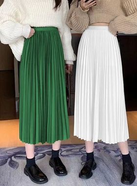 秋冬款百褶裙白色半身裙女高腰显瘦设计感半裙气质a字裙垂感长裙