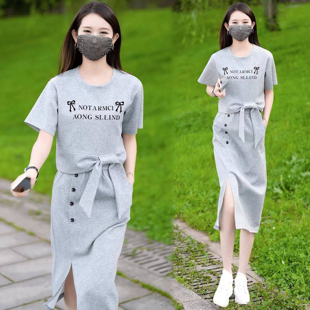 时尚休闲运动服套装女士夏季新款蝴蝶结短袖显瘦开叉半身裙两件套