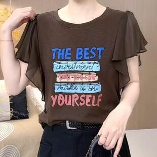 休闲风字母印花短袖T恤女宽松显瘦百搭圆领上衣妈妈装中老年女装