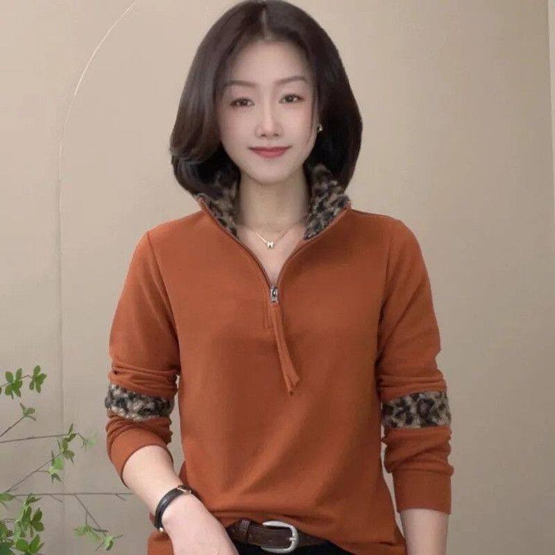 秋冬撞色厚款休闲半拉链长袖卫衣女拼接豹纹立领显瘦大码时尚女装