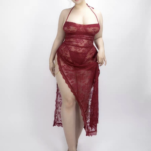 大码 内衣性感蕾丝睡衣吊带连衣长裙开叉旗袍裙胖老婆睡衣挂脖睡裙