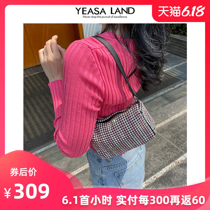 YEASALAND 2020夏季新款牛皮时尚潮流铆钉镶嵌闪钉单肩斜挎女包