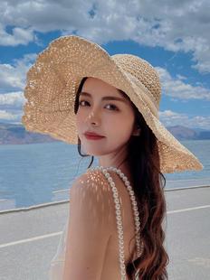 三亚海边拍照帽子草帽女夏季 防晒超大帽檐遮阳帽沙滩海边度假太阳