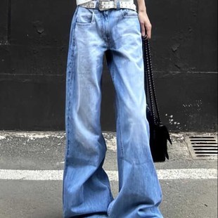 速发大码式美复古水高磨白阔腿牛仔裤设计感洗腰宽松垂感休闲裤