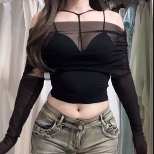 速发大码气一性感辣妹质字领黑色罩纱长袖网衫外搭遮肉上衣