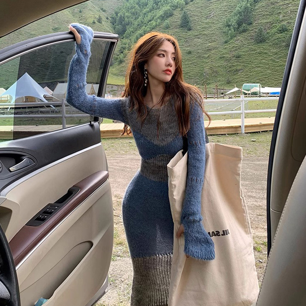 速发秋冬装撞色长袖针织毛衣裙打底内搭配大衣纯欲长款连衣裙子