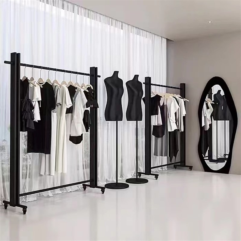 速发服装店展示架黑色货架男装店落地挂衣架带滑轮中岛架陈列架