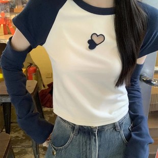 短款 速发设长感别致甜袖 打底衫 插肩计袖 bm上衣 镂空断辣T恤春季