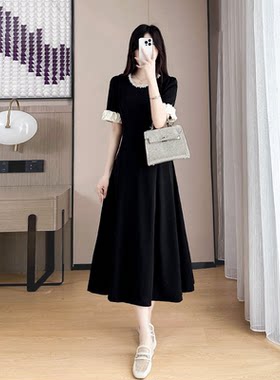 法式黑色长裙女2026夏季新款气质收腰显瘦轻奢钉珠a字连衣裙子