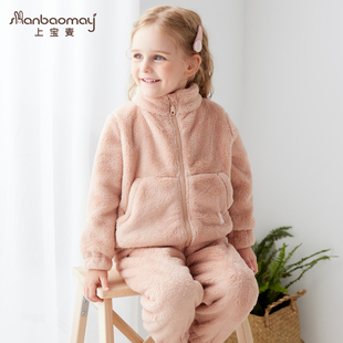 秋冬儿童家居服加厚保暖儿童睡衣拉链抱抱绒红色男童女童新年睡衣