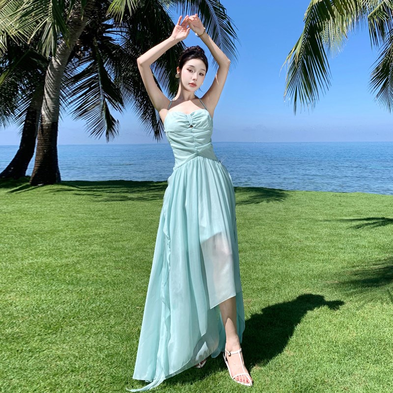 速发仙感美背薄荷绿蝶脖连衣裙夏季蝴挂结性气度假风氛围感沙滩裙