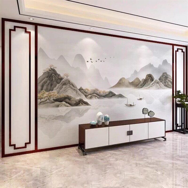 速发新款中式水墨山水电视背景墙竹木纤维集成墙板沙发卧室客厅碳