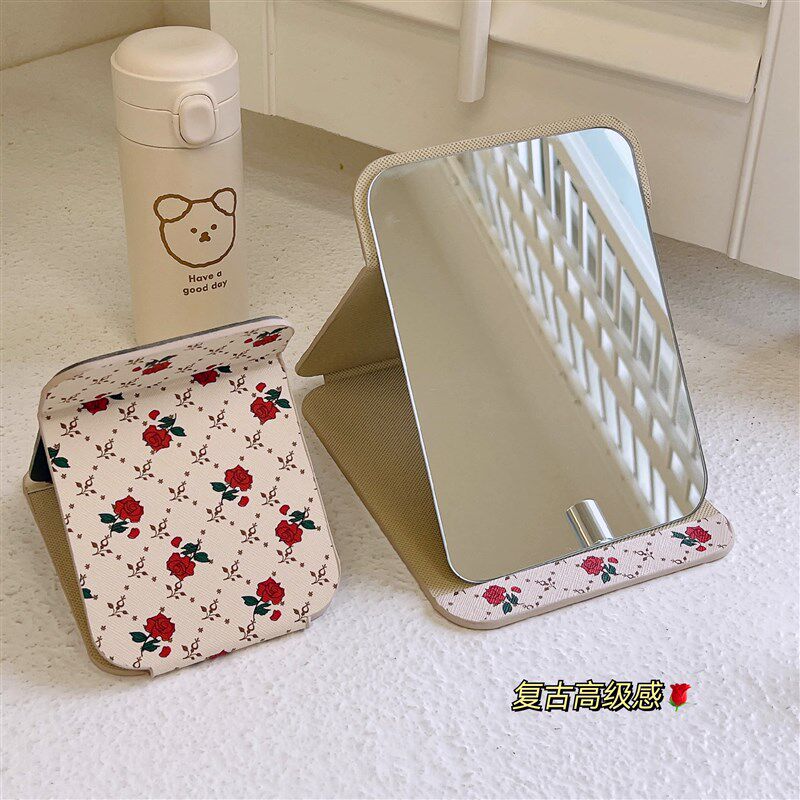 速发复古皮质化妆镜台式卧面桌室梳妆折便携学生宿舍家用随身镜叠