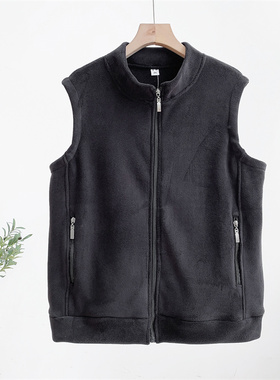 速发春季秋冬季上衣摇粒绒马甲色纯马夹男士外立领开衫爸爸装抓绒