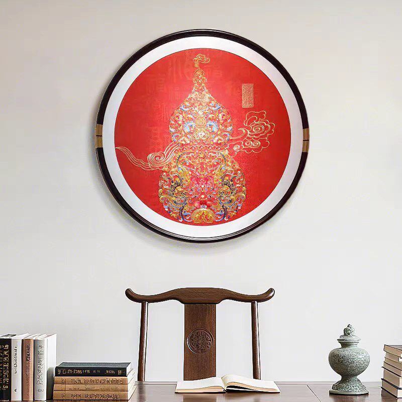 速发高端精品刺绣福禄葫芦圆形国风装饰画饭厅玄关客厅百搭苏绣装