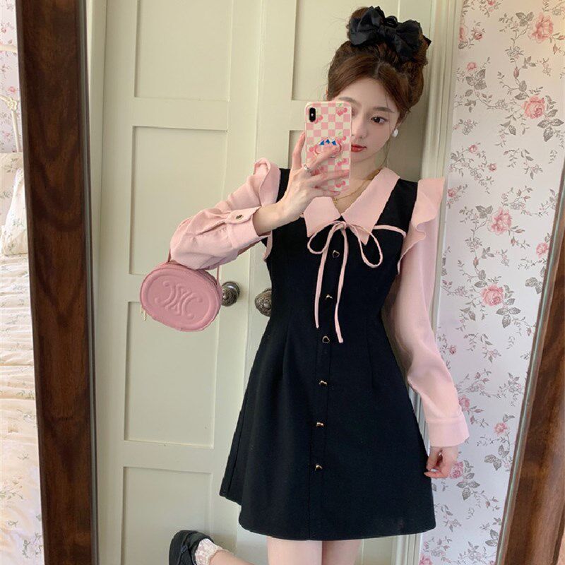 现货大码胖mm甜l美撞色荷叶边娃娃领系带收腰连衣裙女春夏显瘦a字