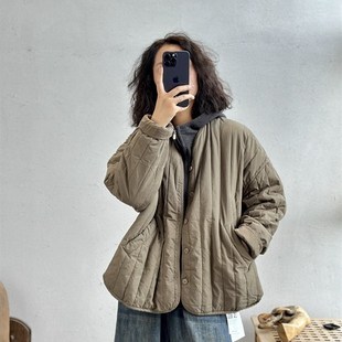 速发秋冬个外套小绒子2新2年0款 宽松v领条纹夹棉上衣复古棉服