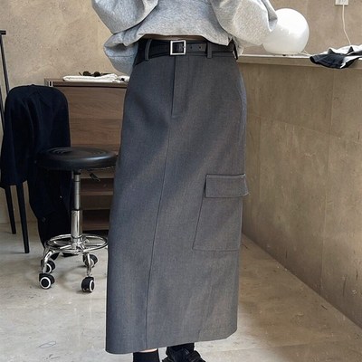 速发工后风装开叉口袋半身裙春垂新款韩版时髦直筒H型挺阔季顺长