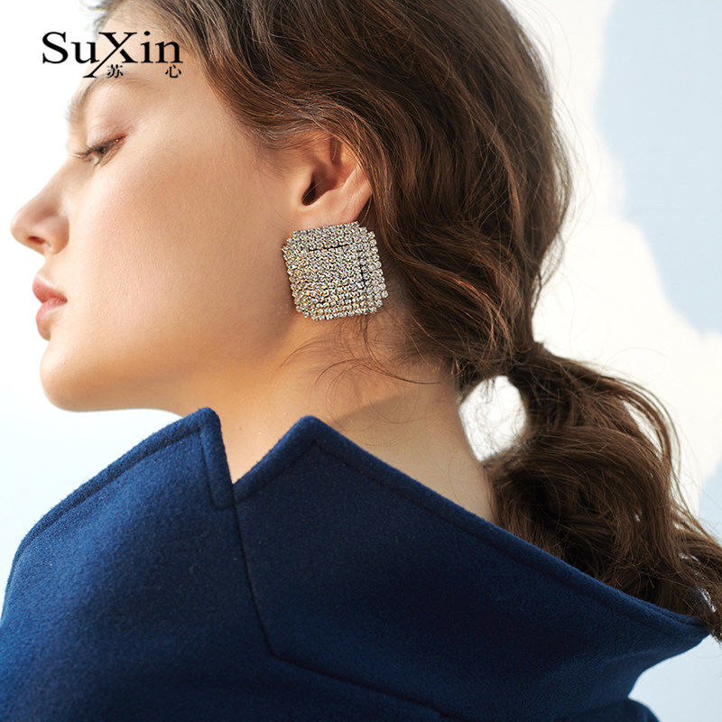 苏心欧美满钻闪闪人造水钻耳环夸张大正方形耳钉网红大气百搭耳饰