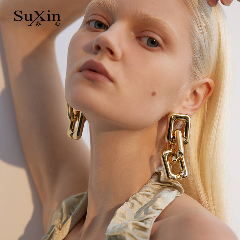 苏心925银针合金方框链条耳坠夸张欧美风金属色耳环气质潮流耳饰