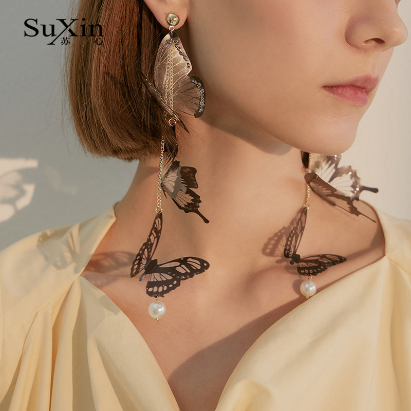 苏心亚克力夸张潮搭蝴蝶吊坠耳环长款显脸小女式日韩风小众耳坠