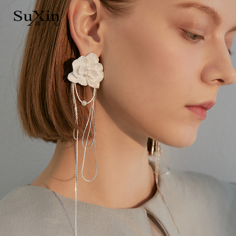 苏心925银针金属色花朵耳坠链条流苏小众设计冷淡风潮搭长款耳饰
