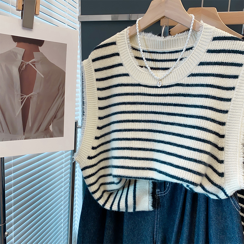 洋气条纹圆领针织马甲外搭休闲套头背心女式马夹上衣