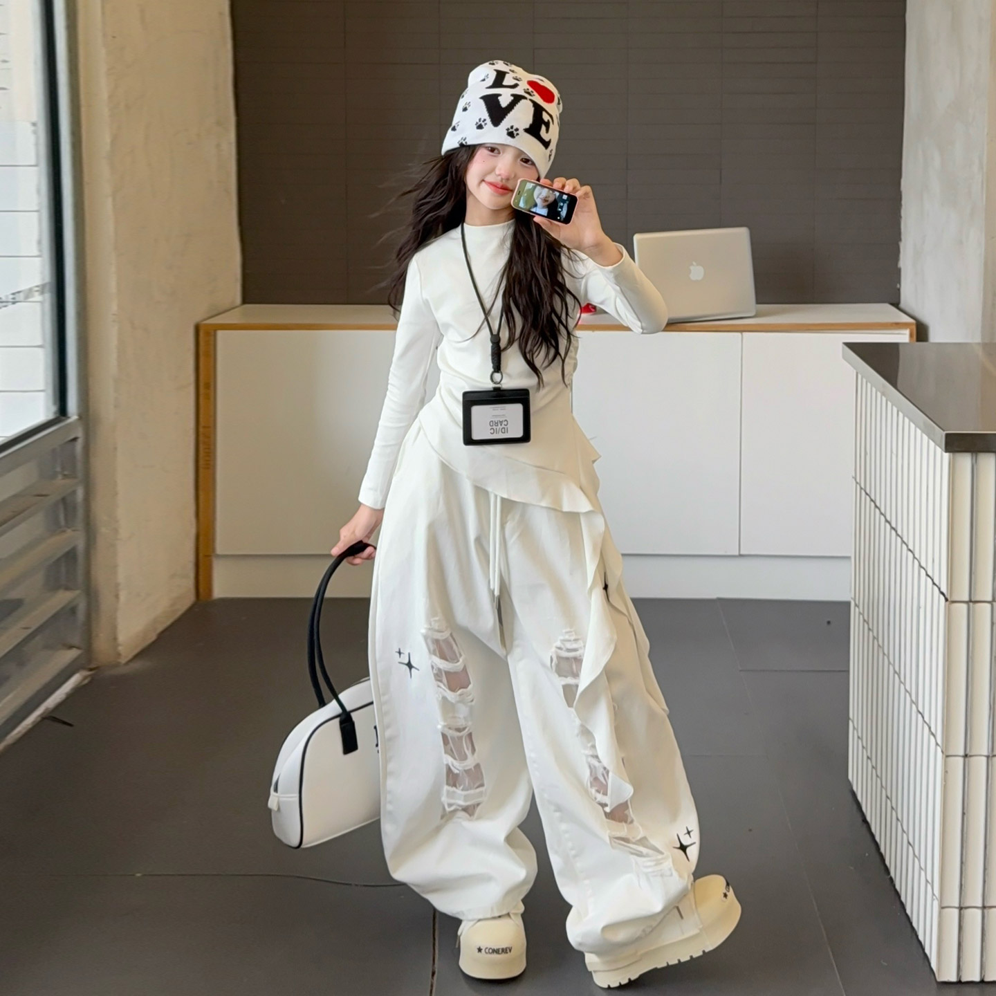 女童酷飒风长袖飘带T恤2025秋季款中大童爵士街舞破洞工装裤套装