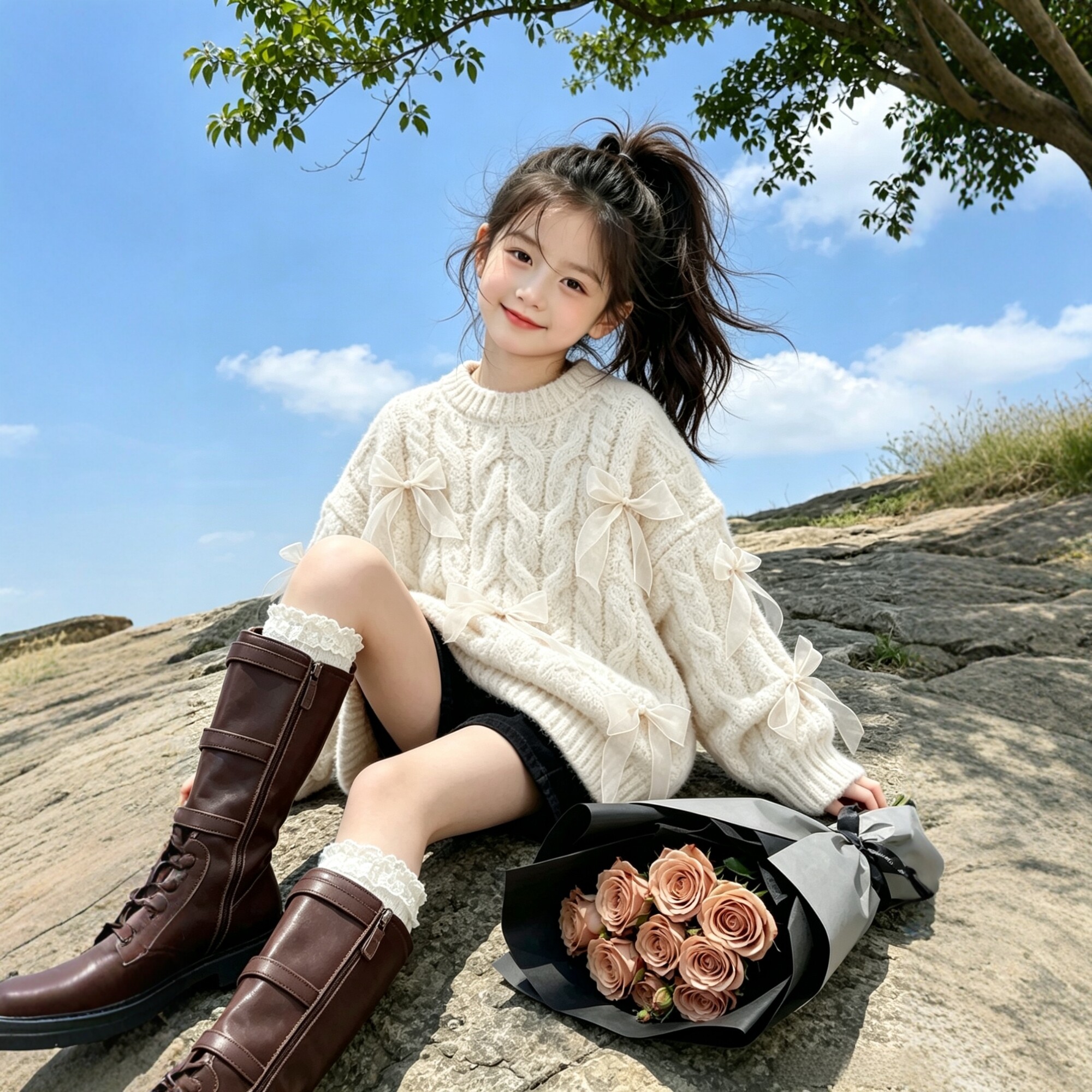 女童甜美可爱风麻花纹蝴蝶结针织毛衣2026秋冬款宽松手工绞花套头