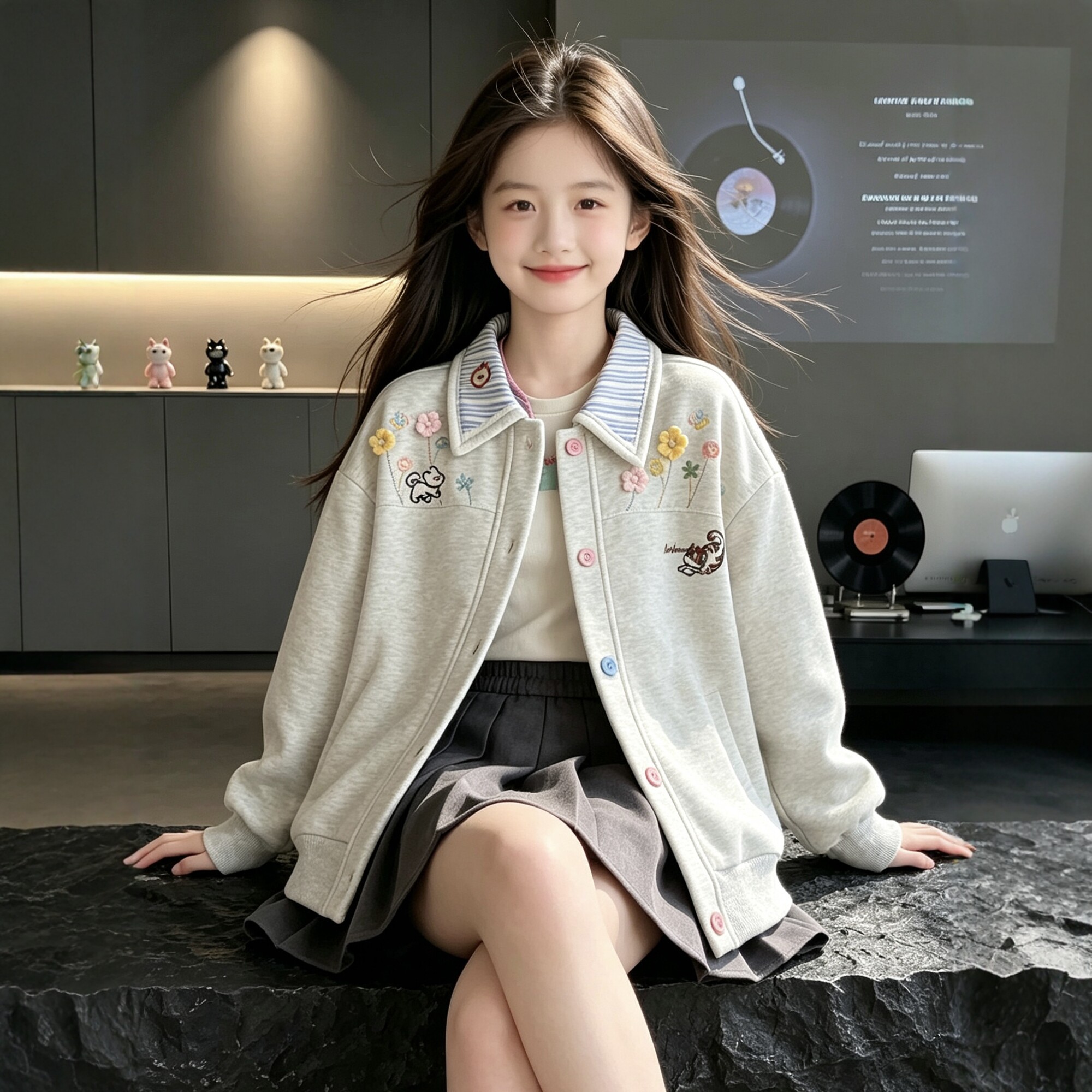 女童立体花卉刺绣卫衣外套2026秋季新款初中生翻领开衫中大童上衣