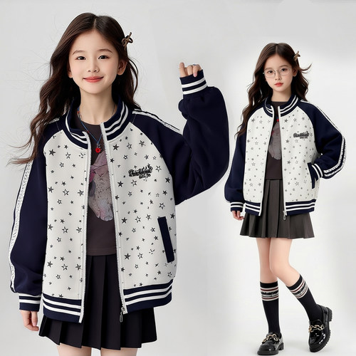女童美式复古五角星棒球服春季