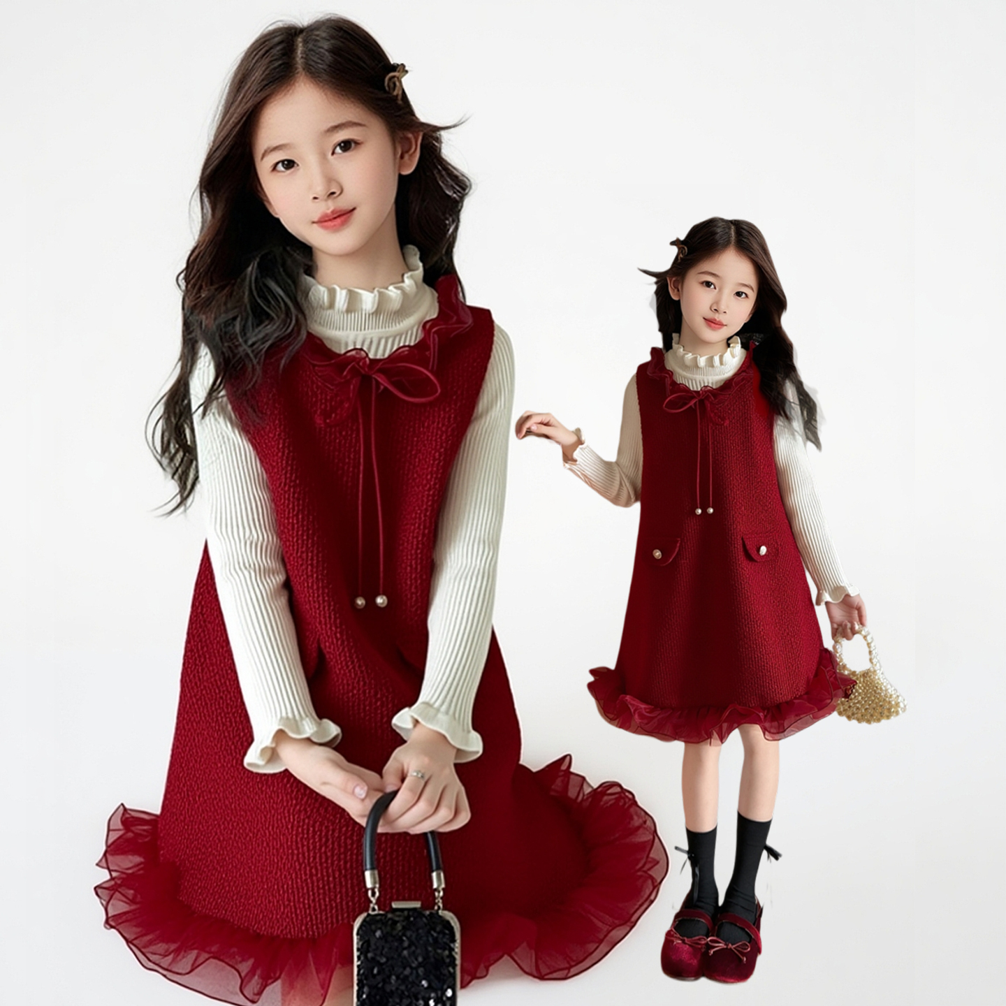 女童小香风蝴蝶结背心裙套装