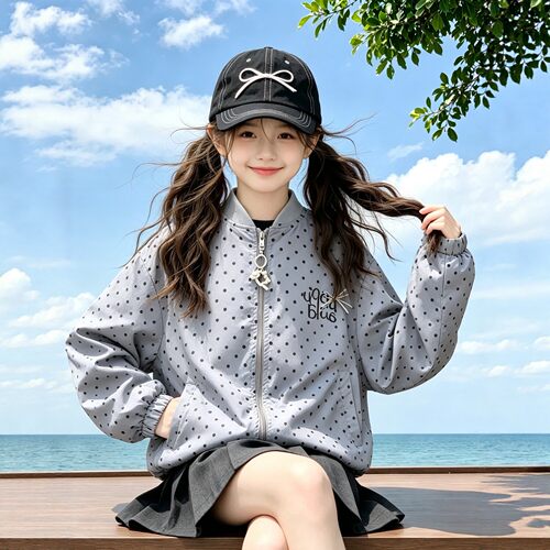 韩系女童轻薄波点蝴蝶结棒球服