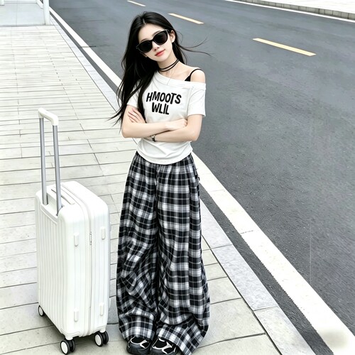 女童夏季酷飒格纹阔腿裤两件套