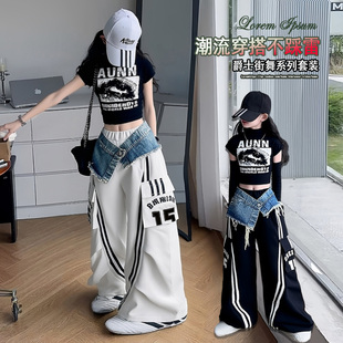 女童牛仔腰封工装裤断袖T恤2025夏季新款中大童爵士街舞炸街套装