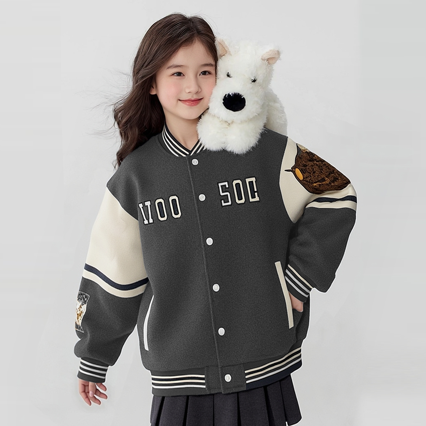 女童毛呢棒球服夹棉加厚刺绣外套