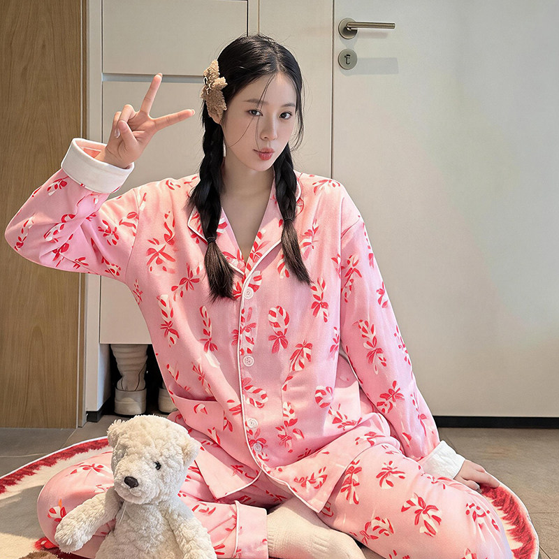 卡通元气少女秋冬加厚磨毛软糯纯棉睡衣套装长袖家居服月子服pjs