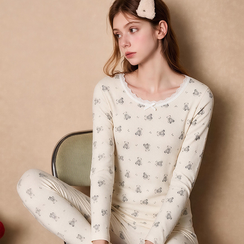 少女棉质保暖内衣套装秋衣秋裤女 秋冬印花蕾丝高弹修身睡衣睡裤