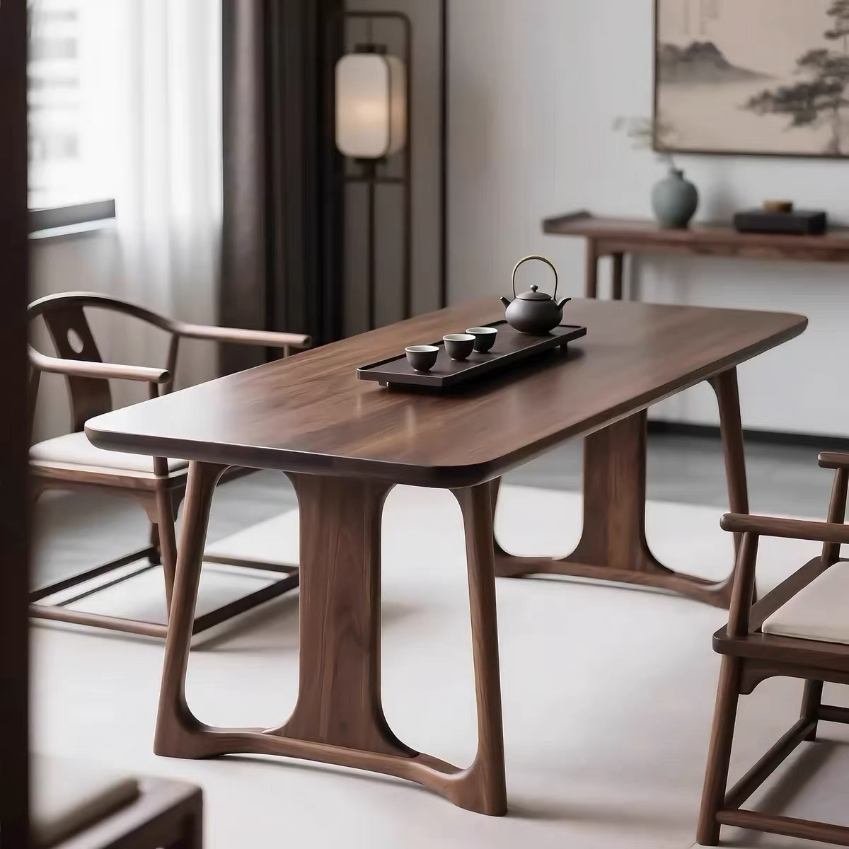 新中式黑胡桃木茶桌宋代美学禅意高端实木茶台办公室客厅家用家具